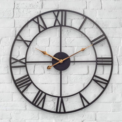 Large Outdoor Clock, Vintage Antique European Industrial Decorative Metal Roman Outdoor Clock, Silent Battery Operated Skeleton Iron Wall Clock Garden/Patio/Pool/Fence-20 Inch, Golden Hand